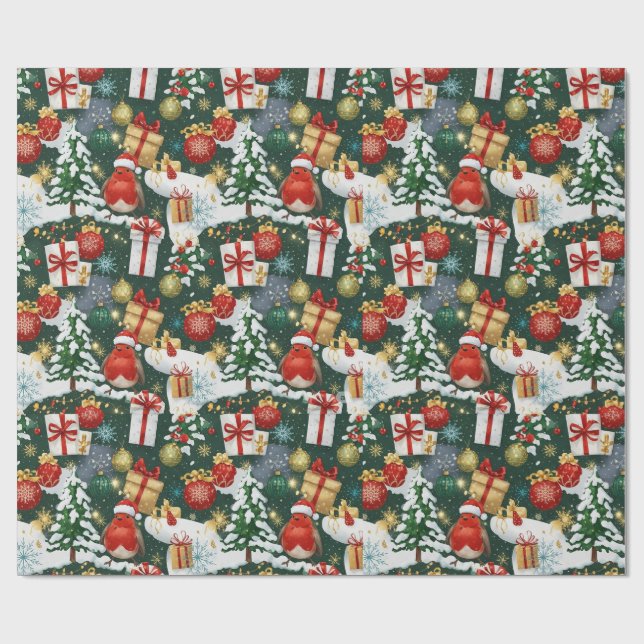 Whimsical Christmas Robin Wrapping Paper (Flat)