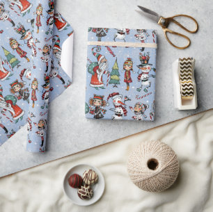 Whimsical Christmas Santa and Festive Girls Wrapping Paper