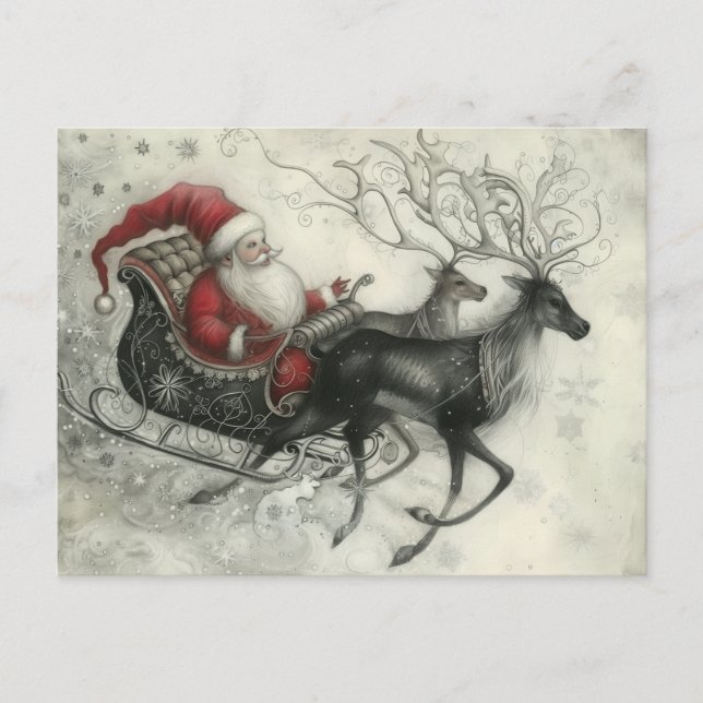 Whimsical Christmas Santa Claus and His Reindeer Holiday Postcard (Front)