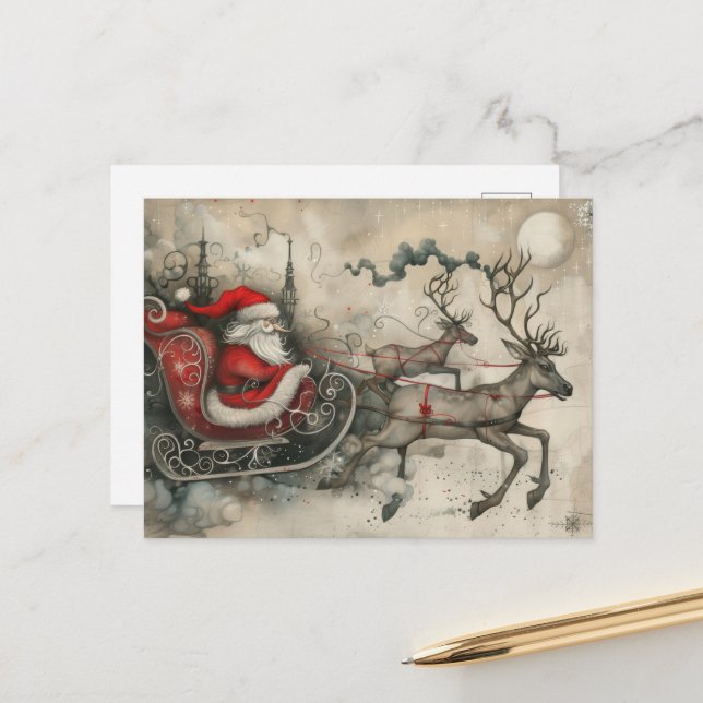 Whimsical Christmas Santa Claus and His Reindeer  Holiday Postcard (Front/Back In Situ)