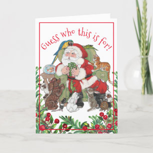 Whimsical Christmas Santa Pet Animal Dog Cat Bunny Holiday Card