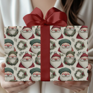 Whimsical Christmas Santa with Festive Wreaths Wrapping Paper