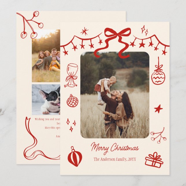 whimsical Christmas script doodles 5 photos Holiday Card (Front/Back)