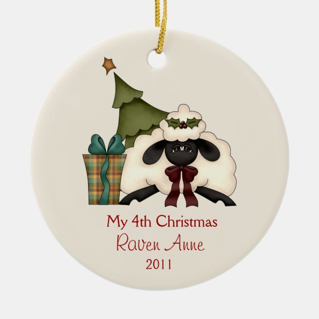 Whimsical Christmas Sheep Child's Photo | Ceramic Tree Decoration (Front)