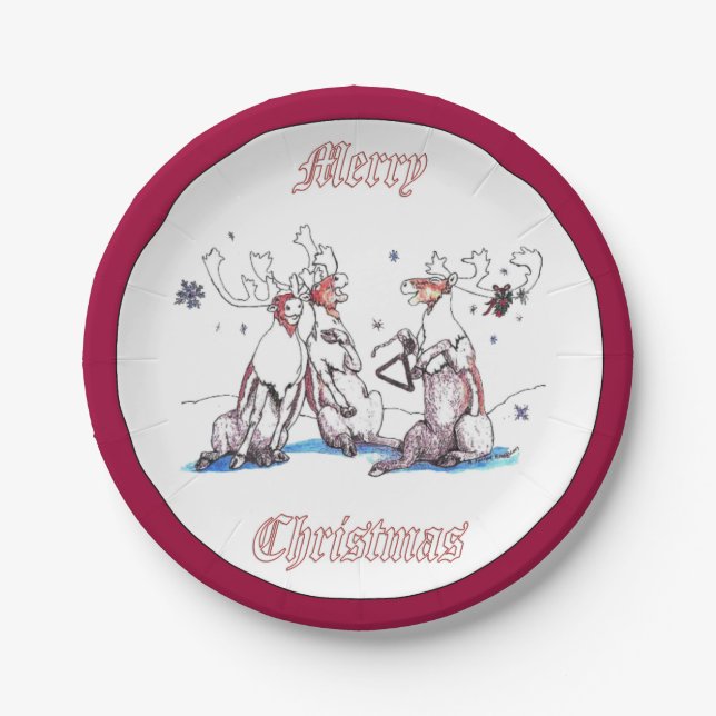Whimsical Christmas Singing Caribou Serving Paper Plate (Front)