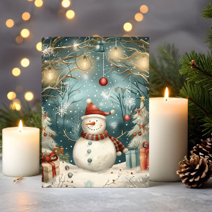 Whimsical Christmas Snowman in Winter Forest Card