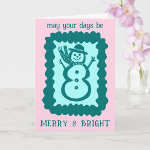 Whimsical Christmas Snowman Merry & Bright Holiday Card
