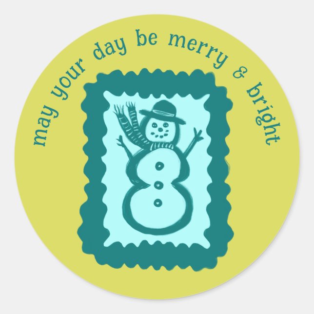 Whimsical Christmas Stamp Cute Custom Merry Bright Classic Round Sticker (Front)