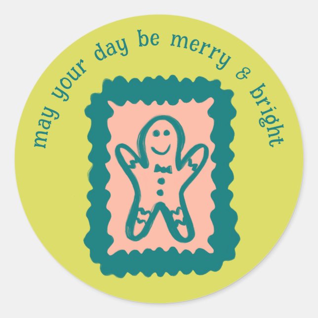 Whimsical Christmas Stamp Cute Custom Merry Bright Classic Round Sticker (Front)