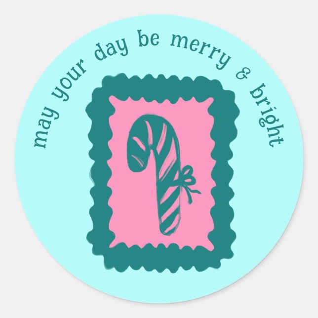 Whimsical Christmas Stamp Cute Custom Merry Bright Classic Round Sticker (Front)