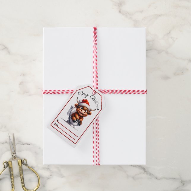 Whimsical Christmas tag with a cute Highland cow (With Twine)