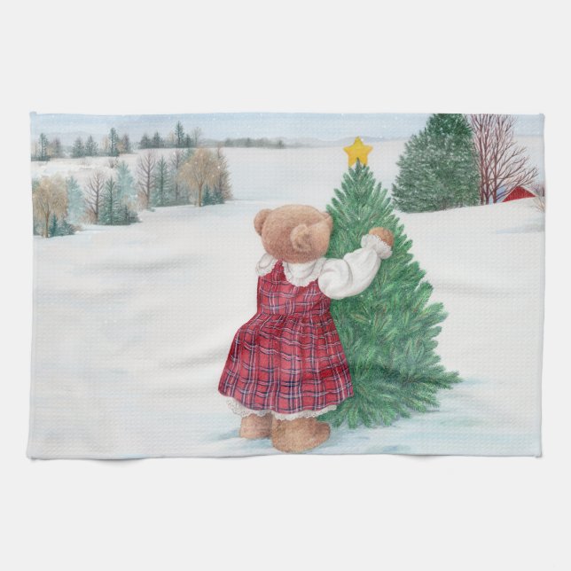 Whimsical Christmas Teddy Bear Winter Wonderland Tea Towel (Horizontal)