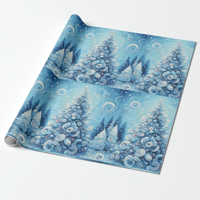 Whimsical Christmas Tree Blue Decoupage Wrapping Paper (Unrolled)