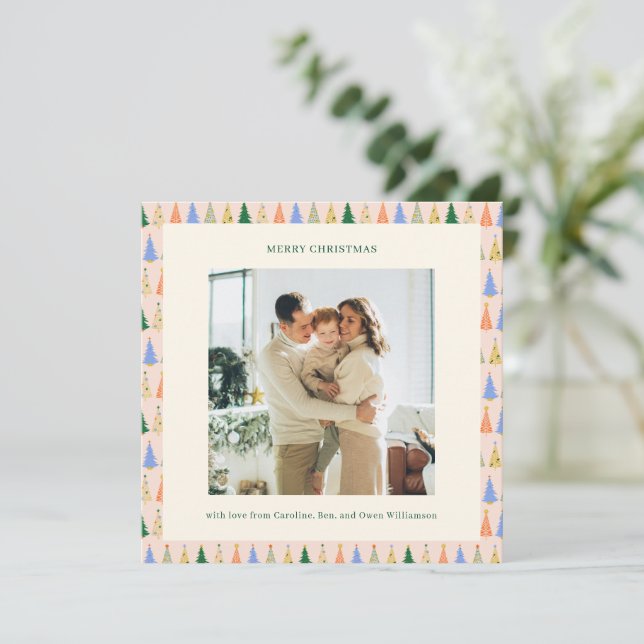 Whimsical Christmas Tree Border Photo Family Cute Holiday Card (Standing Front)