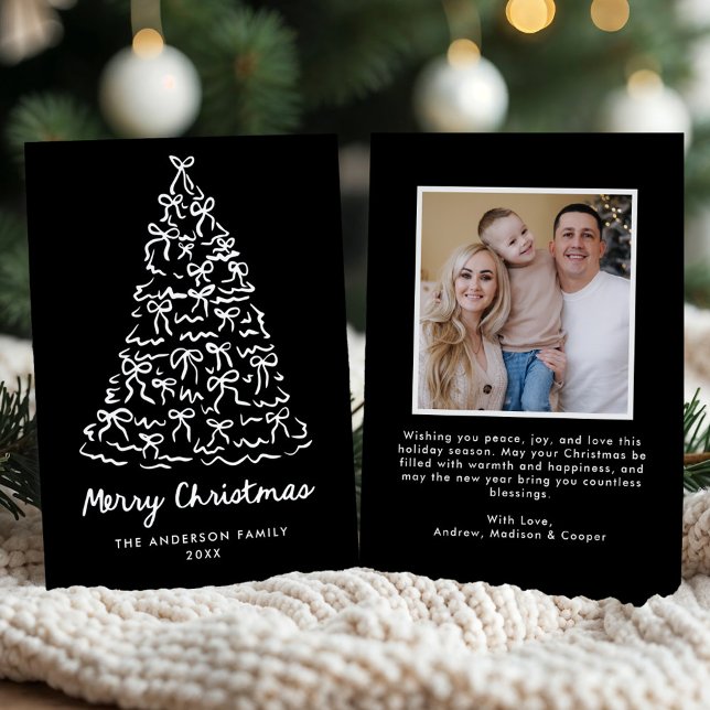 Whimsical Christmas Tree Bows Black Photo Holiday Card (Creator Uploaded)
