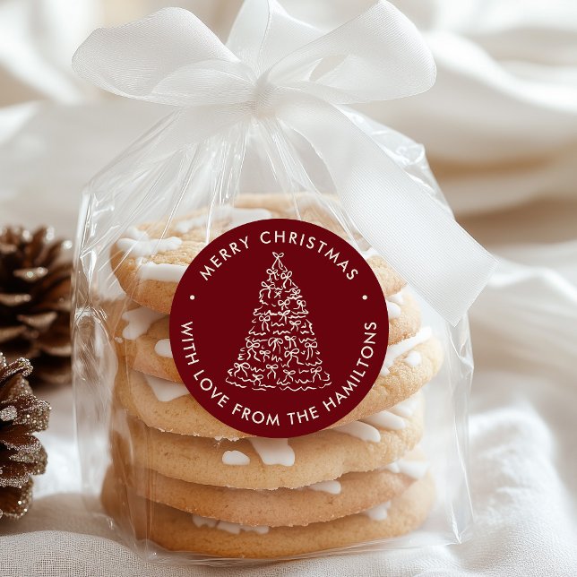 Whimsical Christmas Tree Bows Cranberry Christmas Classic Round Sticker (Creator Uploaded)