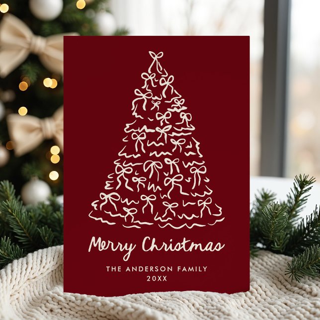 Whimsical Christmas Tree Bows Cranberry Non-Photo Holiday Card (Creator Uploaded)