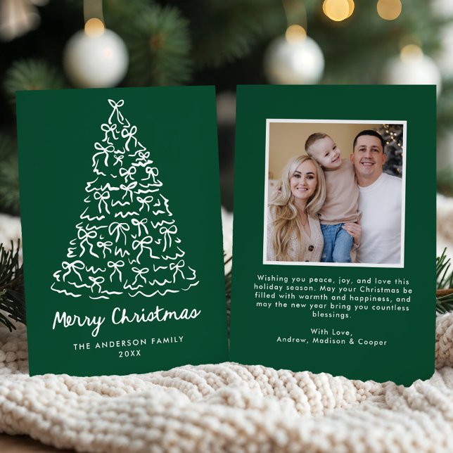 Whimsical Christmas Tree Bows Green Photo Holiday Card (Creator Uploaded)