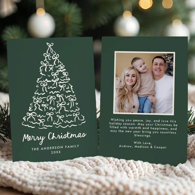Whimsical Christmas Tree Bows Pine Green Photo Holiday Card (Creator Uploaded)