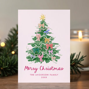 Whimsical Christmas Tree Bows Pink Non-Photo Holiday Card