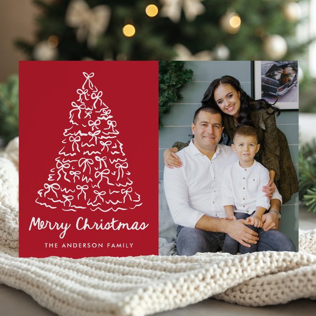 Whimsical Christmas Tree Bows Red Photo Holiday Card (Creator Uploaded)