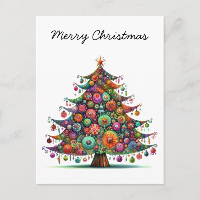 Whimsical Christmas Tree, Bright Colours, Holiday Postcard (Front)