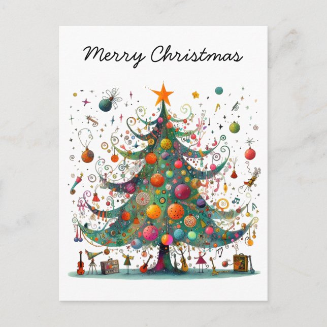 Whimsical Christmas Tree, Bright Colours, Holiday Postcard (Front)
