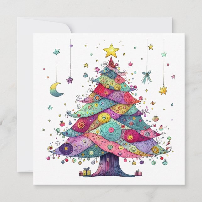 Whimsical Christmas Tree, Folk Art Style Holiday Card (Front)