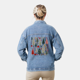 Whimsical Christmas Tree Forest Denim Jacket