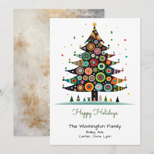 Whimsical Christmas Tree Illustration Green Happy Holiday Card