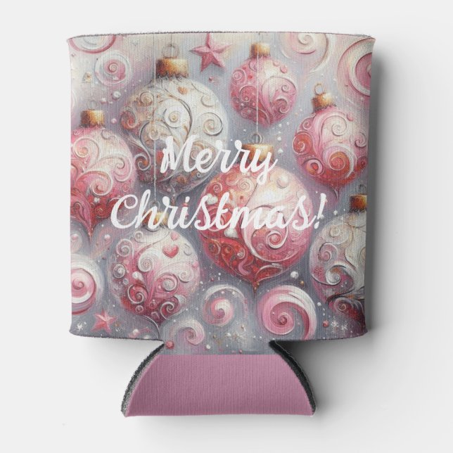 Whimsical Christmas Tree Ornaments Balls Pink Can Cooler (Front)