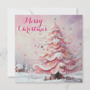 Whimsical Christmas Tree Pink Personalised Holiday Card