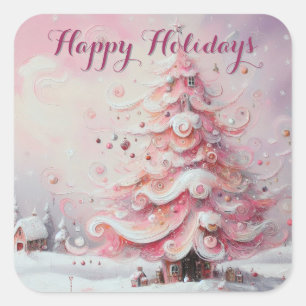 Whimsical Christmas Tree Pink White Happy Holidays Square Sticker