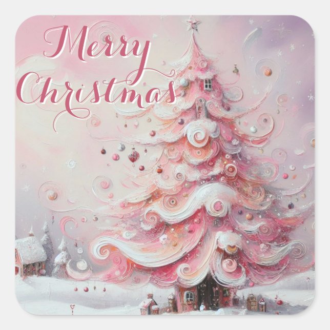Whimsical Christmas Tree Pink White Swirls Snow Square Sticker (Front)