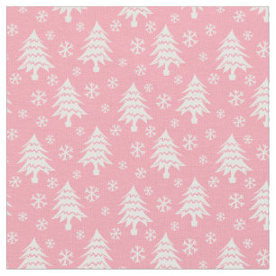Whimsical Christmas Tree Snowflake Pink White Fabric