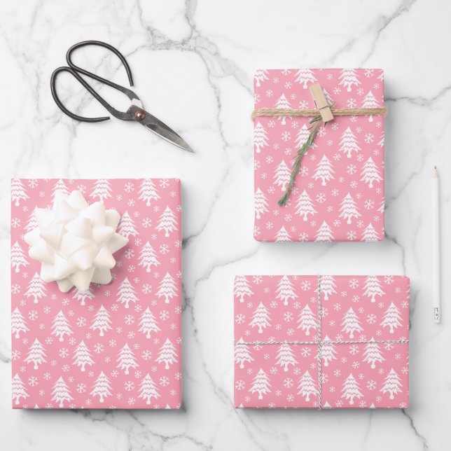 Whimsical Christmas Tree Snowflake Pink White Wrapping Paper Sheet (Front)