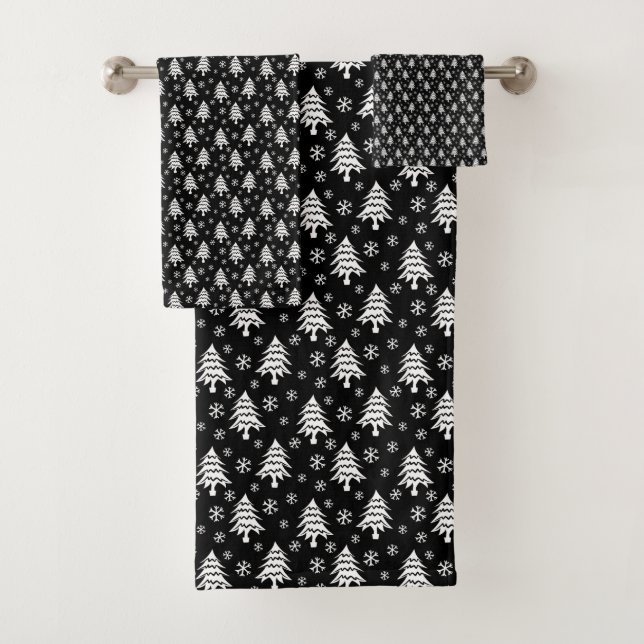Whimsical Christmas Tree Snowflake White Black Bath Towel Set (Insitu)
