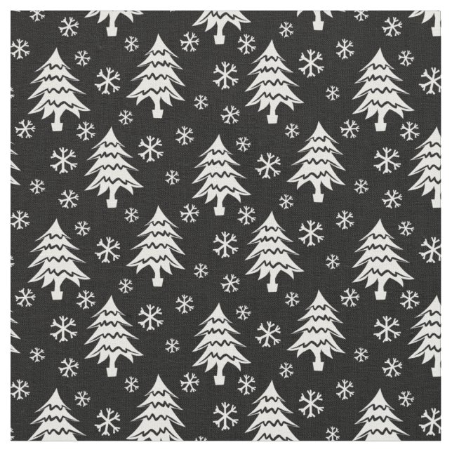 Whimsical Christmas Tree Snowflake White Black Fabric (Close Up)