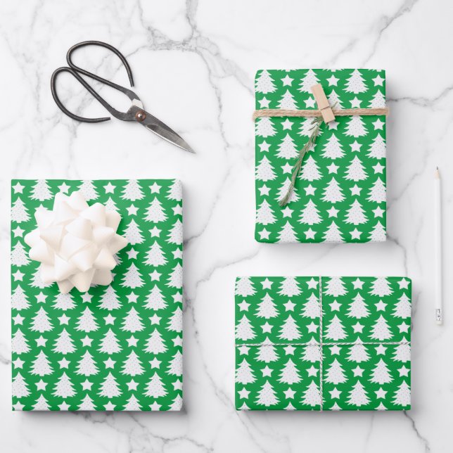 Whimsical Christmas Tree Star Green White  Wrapping Paper Sheet (Front)