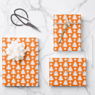 Whimsical Christmas Tree Star Orange White  Wrapping Paper Sheet