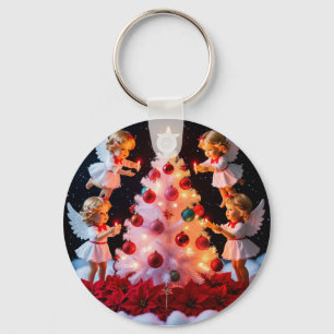 Whimsical Christmas Tree With Angel Figurines Key Ring