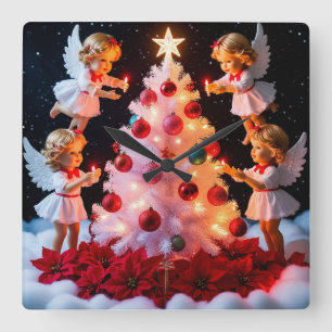 Whimsical Christmas Tree With Angel Figurines Square Wall Clock