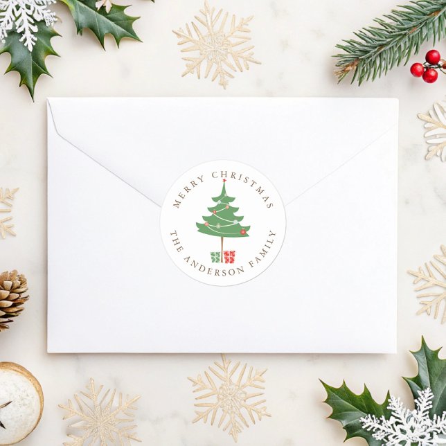 Whimsical Christmas Tree with ornaments  Classic Round Sticker (Creator Uploaded)