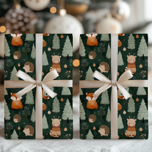 Whimsical Christmas Tree with Red Fox Dark Green Wrapping Paper Sheet (Creator Uploaded)