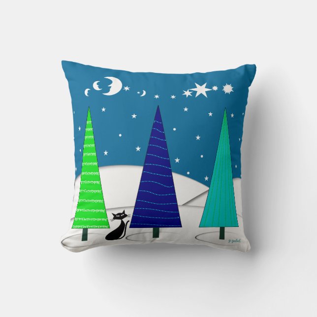 Whimsical Christmas Trees and Cat Pillow (Front)