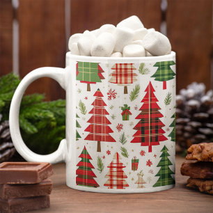Whimsical Christmas Trees on Plaid Pattern   Coffee Mug
