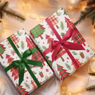 Whimsical Christmas Trees on Plaid Pattern  Wrapping Paper