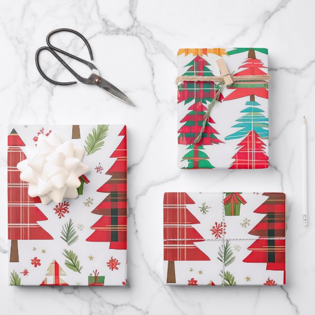 Whimsical Christmas Trees Plaid Pattern Wrapping Paper Sheet (Front)