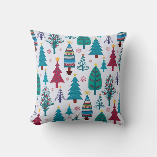 Whimsical Christmas Trees Throw Pillow (Front)