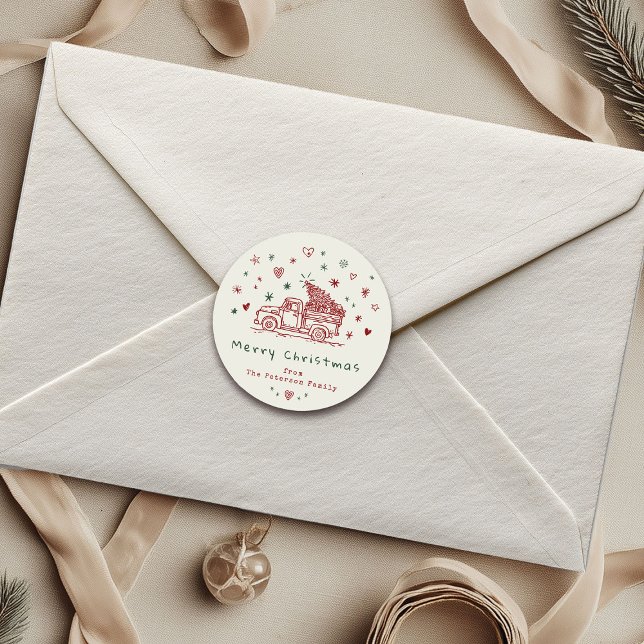 Whimsical Christmas Truck Retro Red and Green Classic Round Sticker (Creator Uploaded)